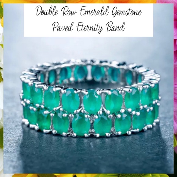 Exceptional Double Row Emerald Gemstone Paved Eternity Band - Picture 1 of 7